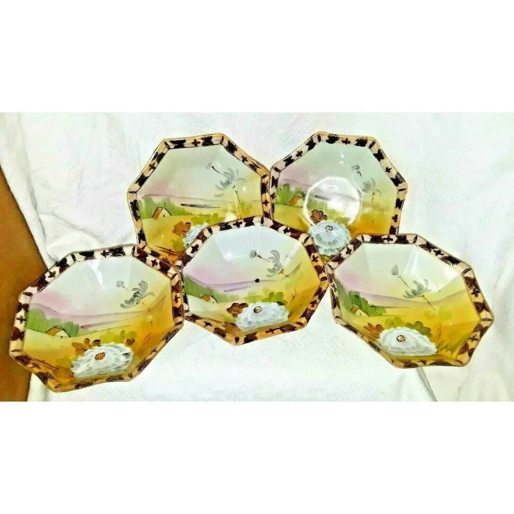 Antique Nippon Tohina TE-OH Small Berry Bowls Octagon Floral Landscape Set of 5 - Picture 2 of 5